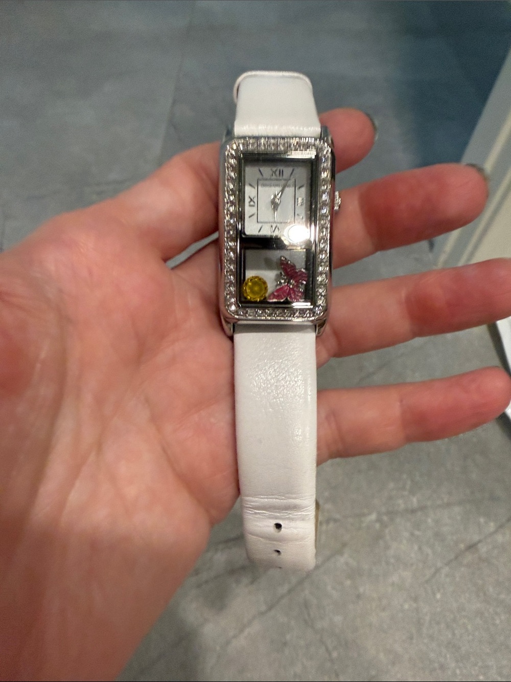 Origami Owl White Strap Crystal Accent Watch with Pink Butter and Yellow Charms